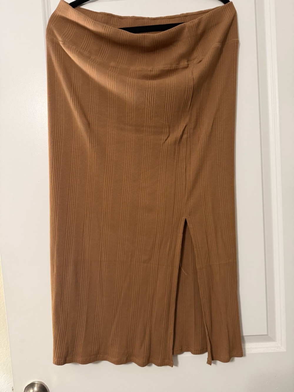 American Eagle Outfitters Camel Ribbed Midi Skirt with Front Slit